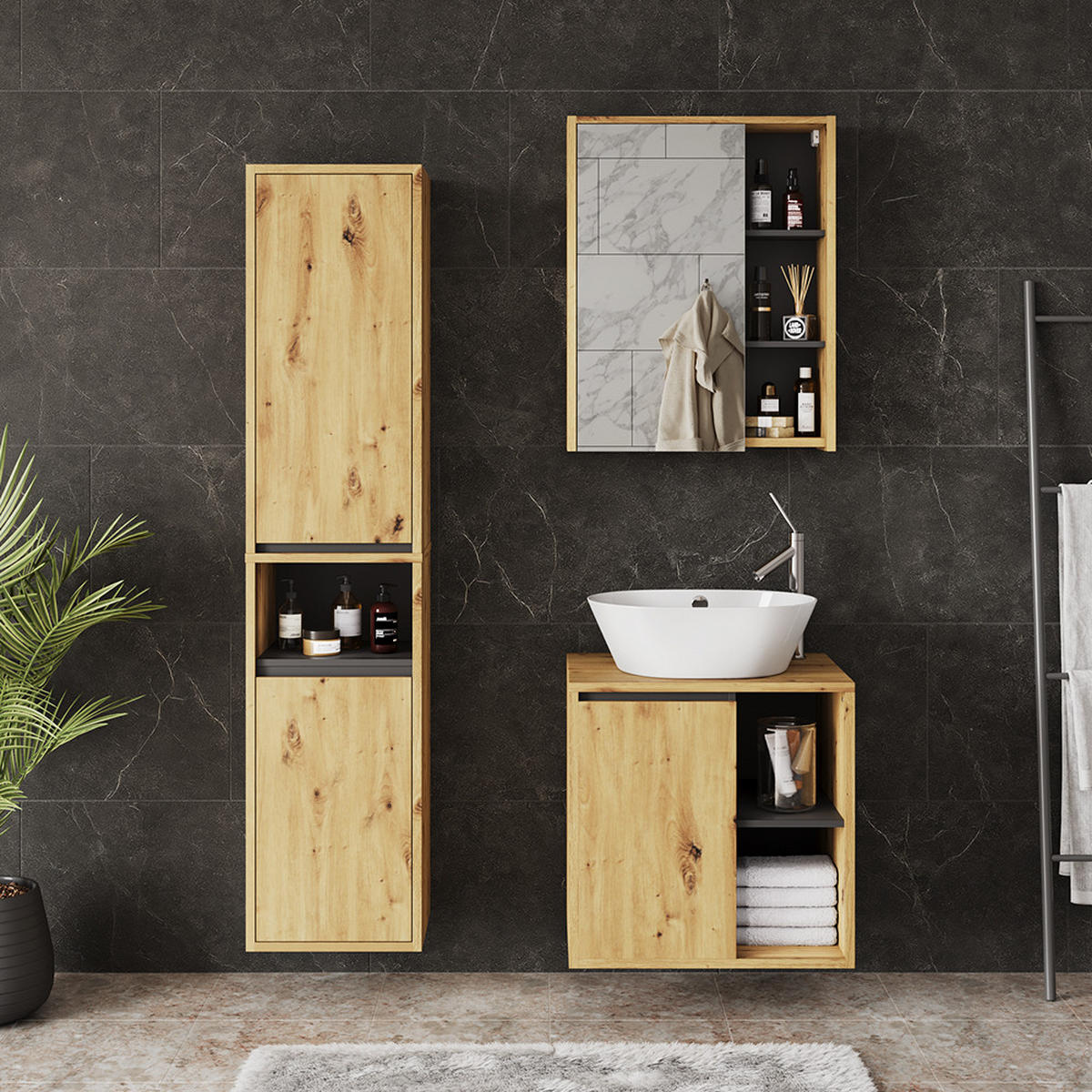 SADA KOUPELNOVÉHO NÁBYTKU Viola Artisan/šedá - šedá/světle šedá, kompozitní dřevo (60/60/45.5cm) - Vicco