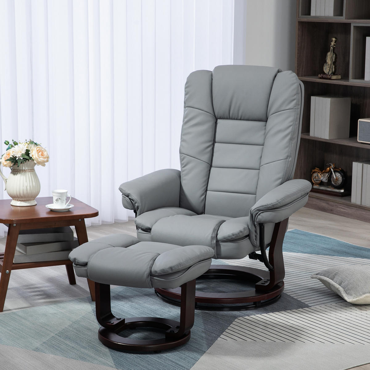 RELAXSESSEL mit Hocker 360°Drehbarer Fernsehsessel mit Liegefunktion Kunstleder - Braun/Grau, Leder/Holz (82/106/85cm) - HOMCOM