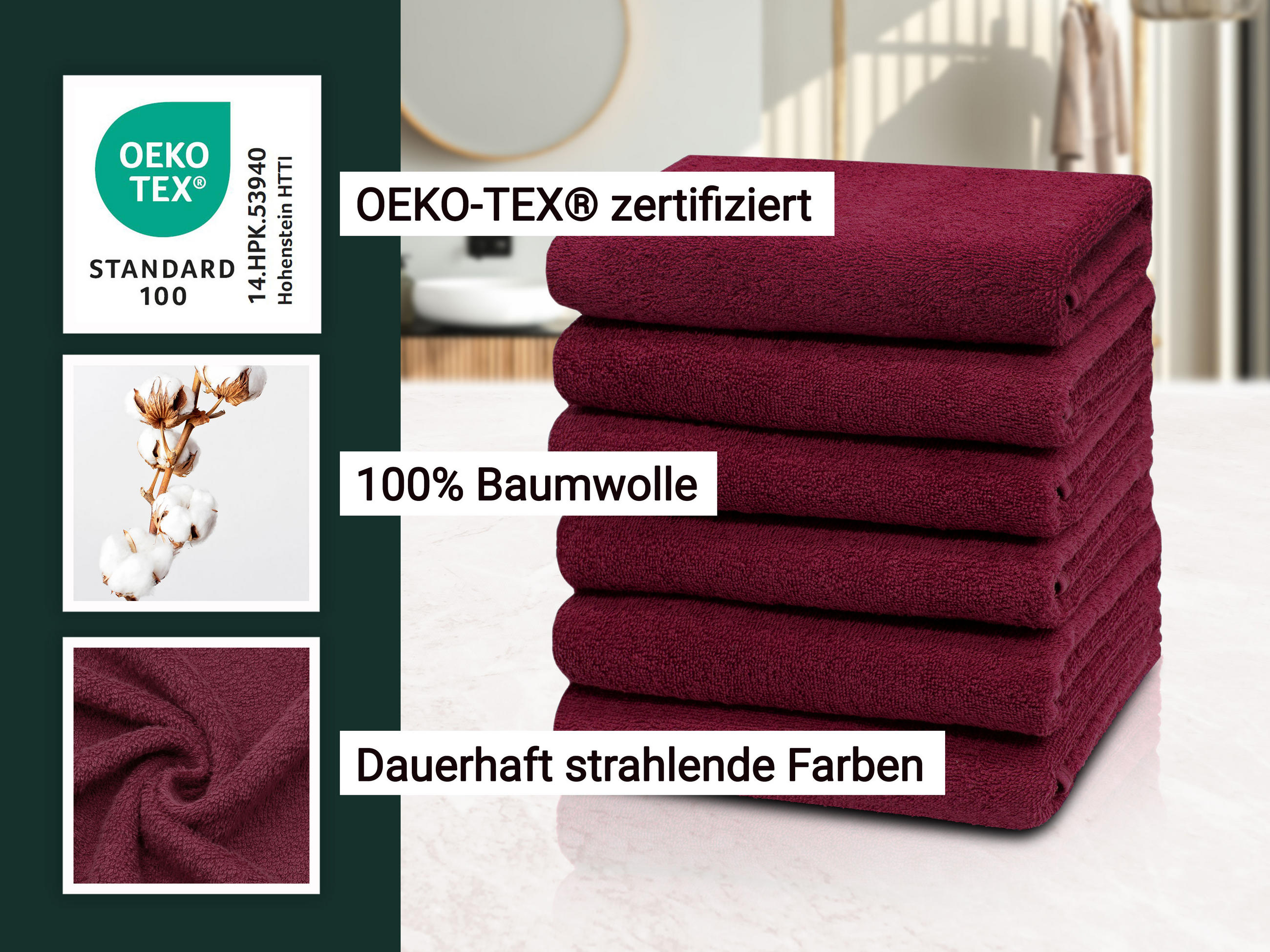 HANDTÜCHER, 6er-Set, 50x100 cm, 100% Baumwolle, Rot - Bordeaux, Textil (50/100cm) - Zollner