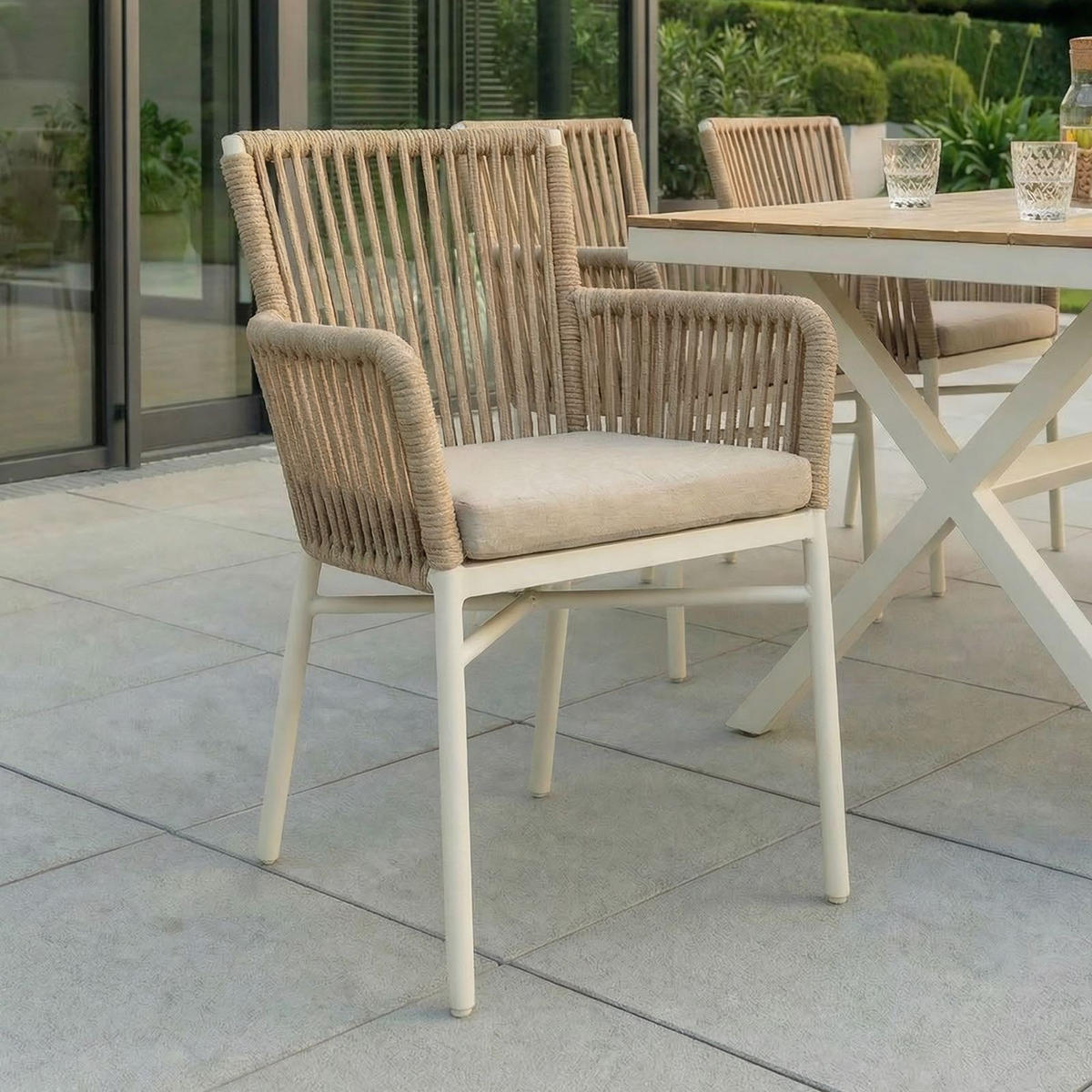 GARTENSTÜHLE AFUERA 6er-Set weiß, champagne - Weiß, Textil/Metall (56/85/59cm) - IDIMEX