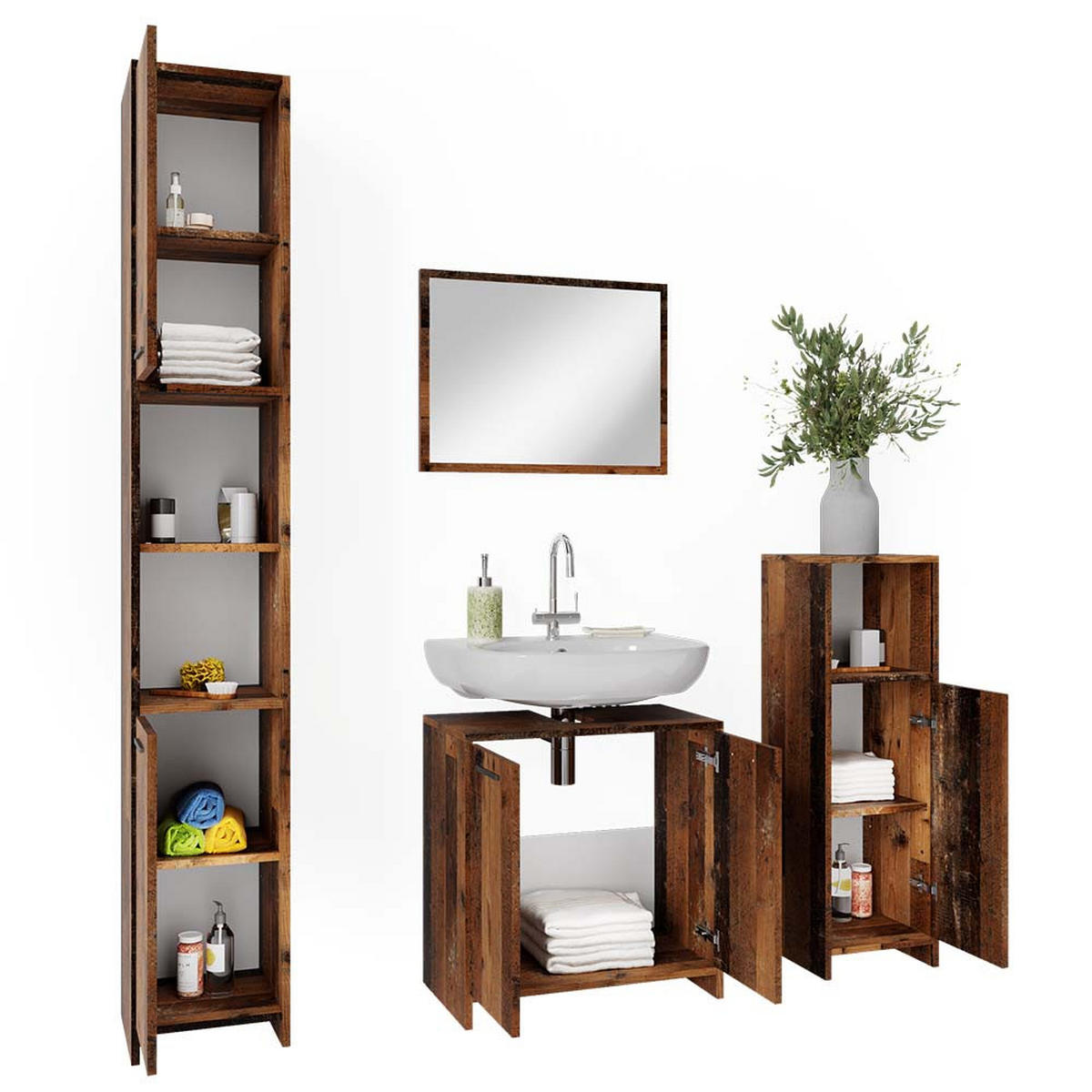 BADMÖBEL-SET Kiko Eiche rustikal 4 Teile - Wildeiche, Holzwerkstoff (58/60/33cm) - Vicco