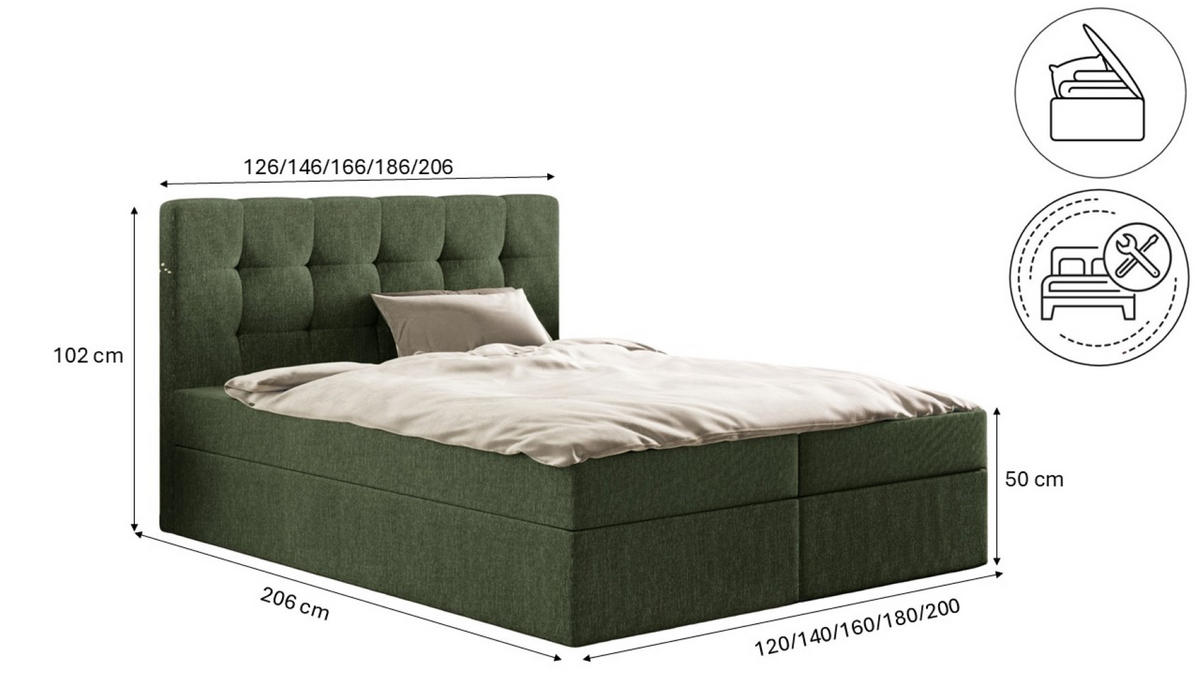 BOXBETT Mit Matratze Und Bettkasten, LUDANO Stoff Sydney Grün 160x200 cm H2-Pocket - Grün, Holz (160/200cm) - Kaiser Möbel