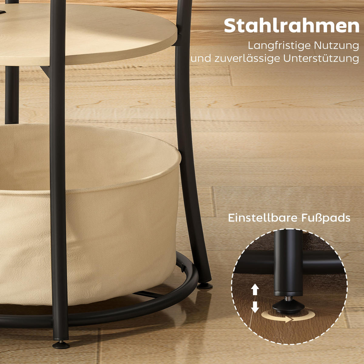 BEISTELLTISCH 3-stufiger Couchtisch mit Ladestation, Tasche, Ablage Naturholz - Schwarz/Naturfarben, Holzwerkstoff/Metall (50/50/55.1cm) - HOMCOM
