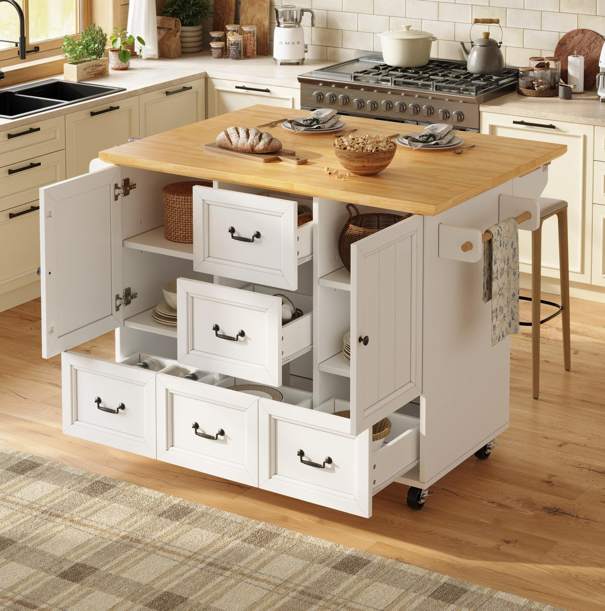KÜCHENINSEL aus MDF mit klappbarer Tischplatte & Rollen, 120/73/45/93 cm, Weiß - Weiß, Holzwerkstoff (120/93/45cm) - Redom