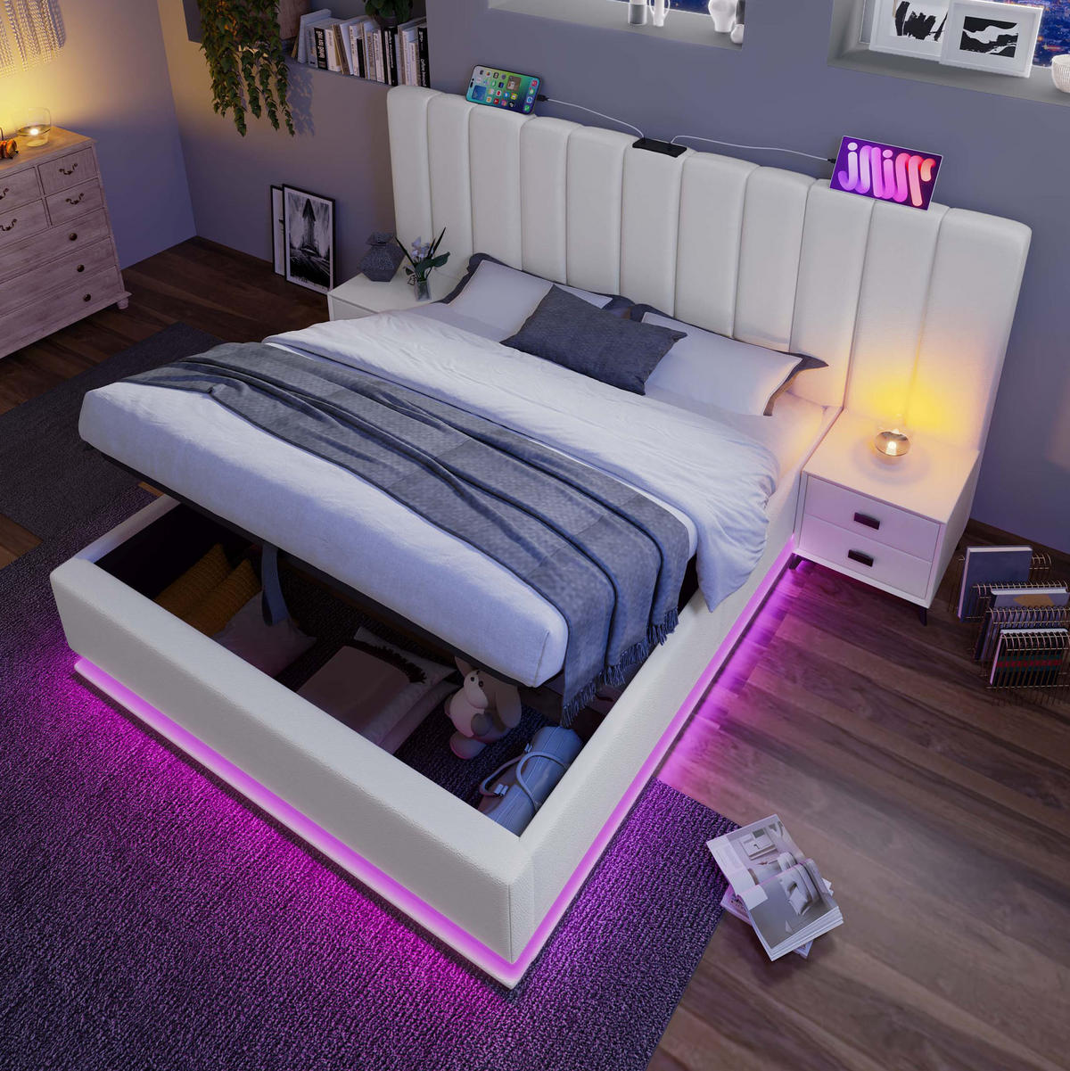 POLSTERBETT 160/200 cm mit Bettkasten, LED-Beleuchtung und USB-C in Weiß - Weiß, Kunststoff (160/200cm) - BEAOK