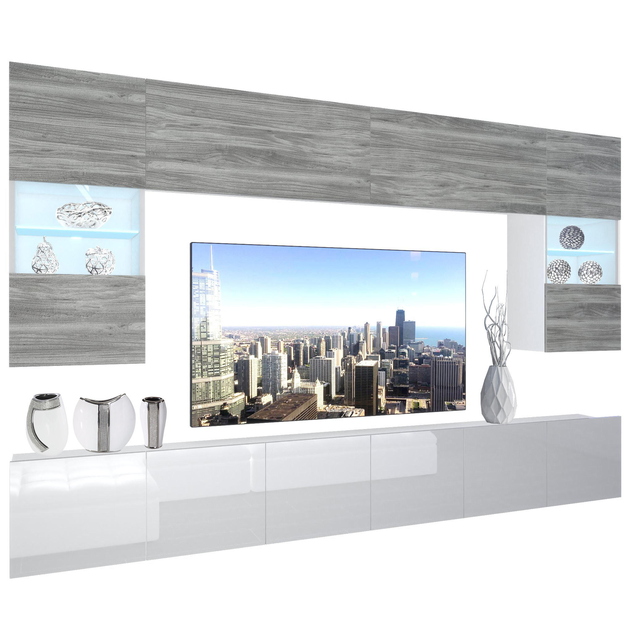 B BELINI GROUP OBÝVACÍ STĚNA Sestava skříní s LED Glamour dřevo / Bílá