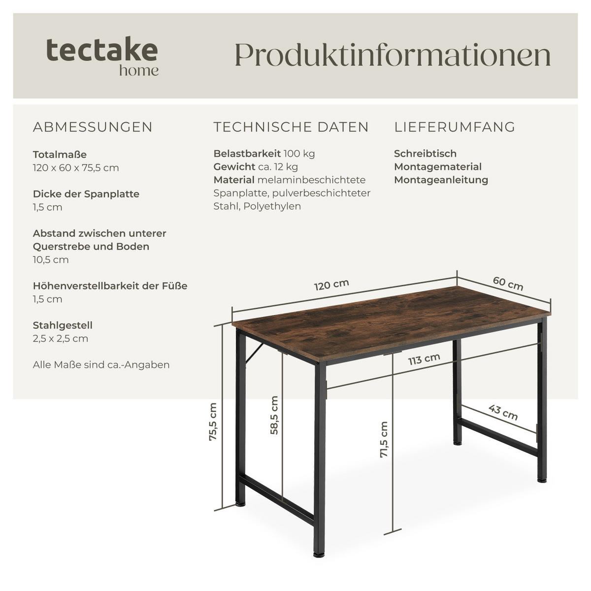 SCHREIBTISCH Jenkins, Höhe 75, 5 cm, Industrial Holz dunkel, rustikal - Rostfarben, Holzwerkstoff (60/120/75.5cm) - tectake