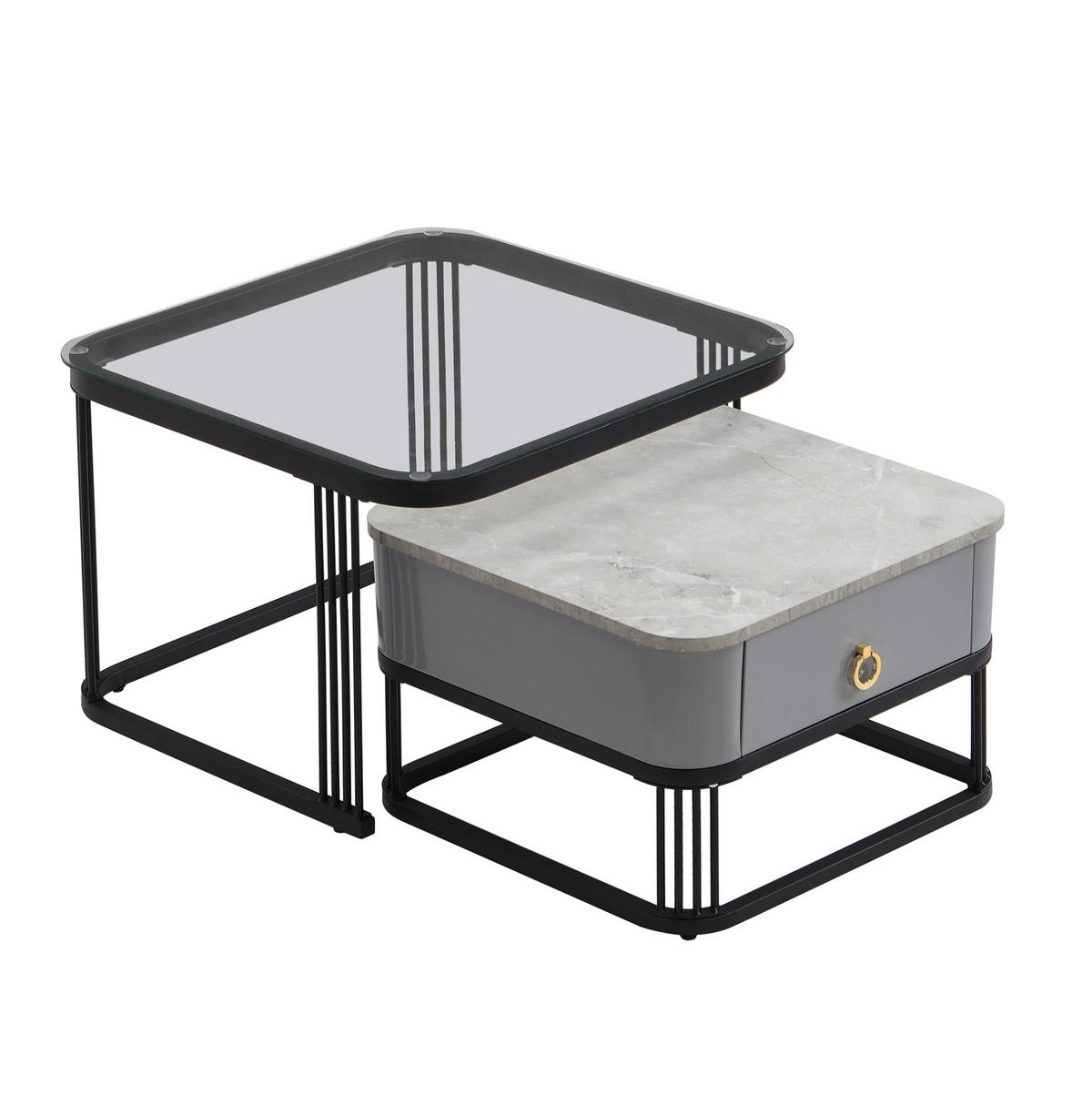 COUCHTISCH-SET aus MDF 60x60x44,5 cm Schwarz/Grau mit Glasplatte und 2 Schubladen - Schwarz, Holzwerkstoff (60/60/45cm) - IVMEU