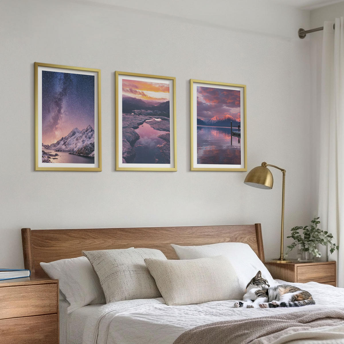 WANDBILDER 3er Set - 40x60 cm Goldrahmen - Berge, Wasser, wunderschöne Landschaften - Goldfarben, Kunststoff (40/60cm) - ArtPrintCave