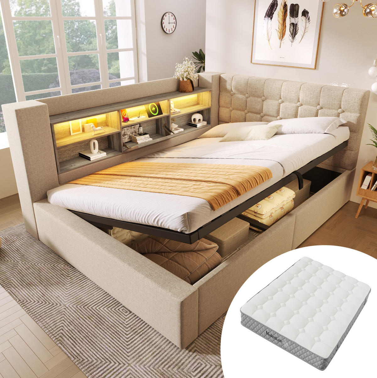 POLSTERBETT mit Stauraum 140x200 cm Leinen Beige inkl. Matratze - Beige, Metall (140/200cm) - Meubliv