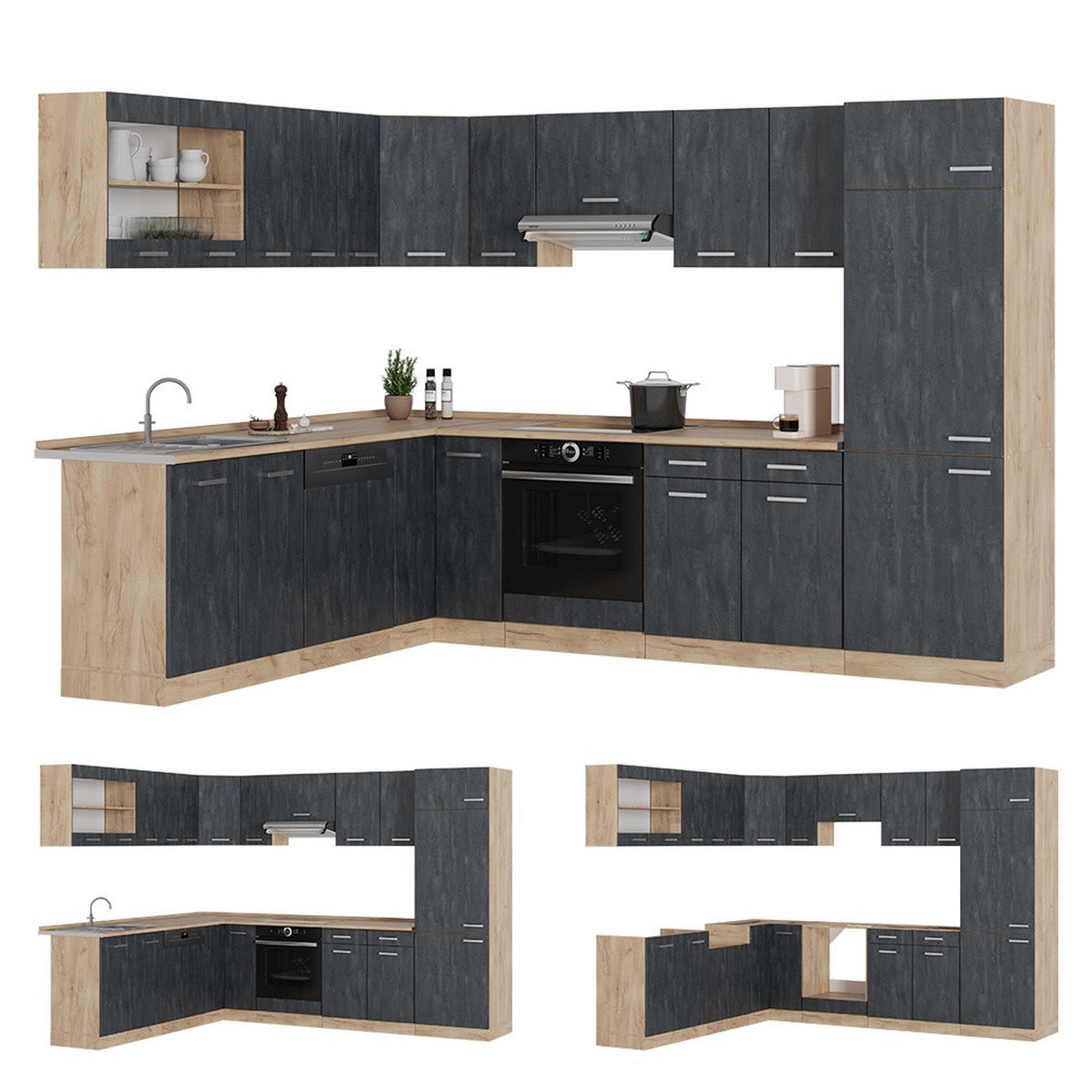 ECKKÜCHE R-Line, Schwarz Beton/Goldkraft Eiche, 287 x 227 cm AP Eiche - Honigeiche/Schwarz, Holzwerkstoff (287/206.8/60cm) - Vicco