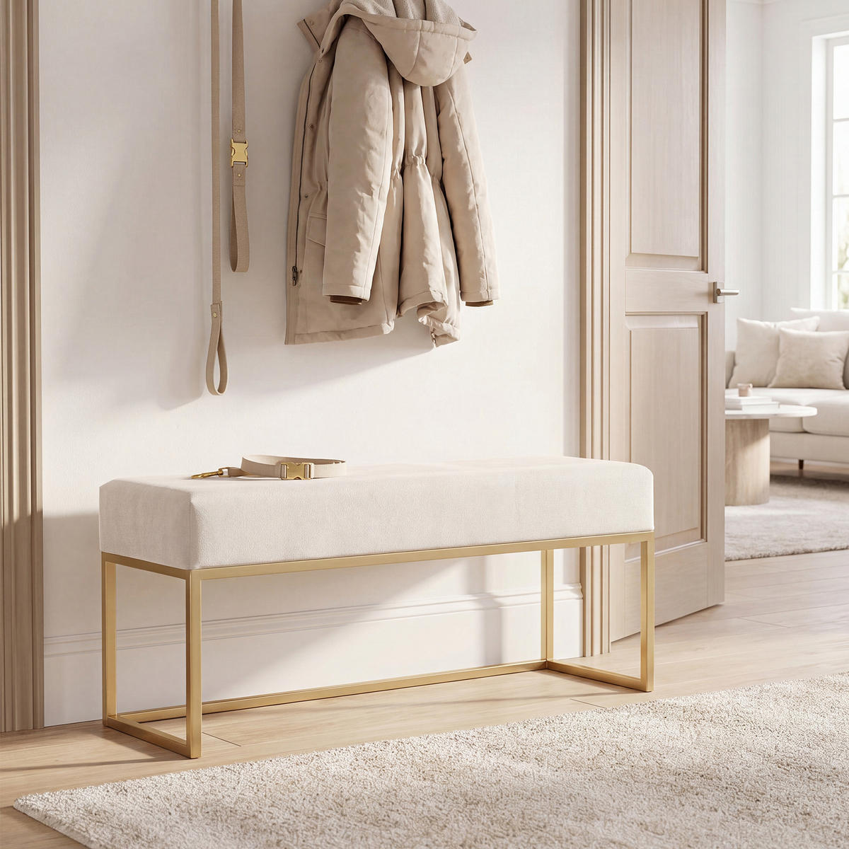 POLSTERBANK PURE 90 cm, Metallgestell, Goldfarben / Creme - Goldfarben/Creme, Textil/Metall (90/44/30cm) - Idohome