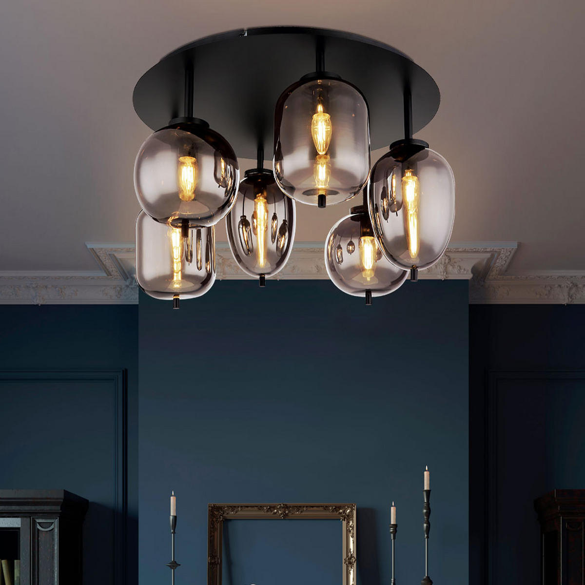 DECKENLEUCHTE Metall Glas Schwarz Messing 6 Flammig - Schwarz, Glas (65/65/38cm) - Globo Lighting