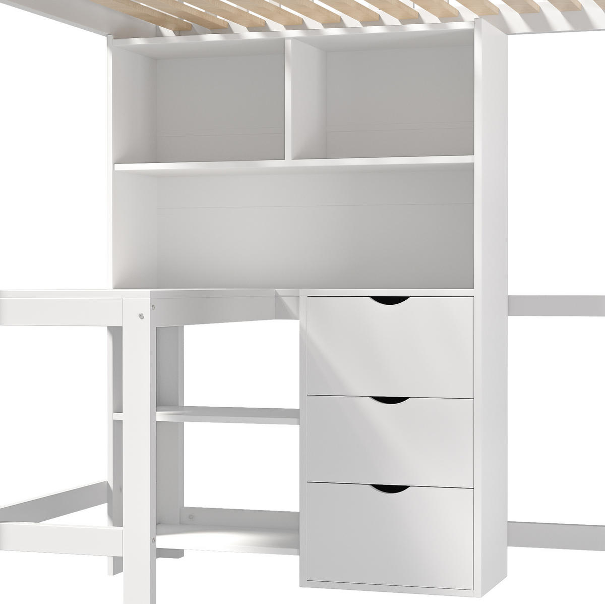 HOCHBETT aus Kiefernholz 90x200 cm Weiß mit Schreibtisch, 3 Schubladen und Ablagefächern - Weiß, Holzwerkstoff (90/200cm) - IVMEU