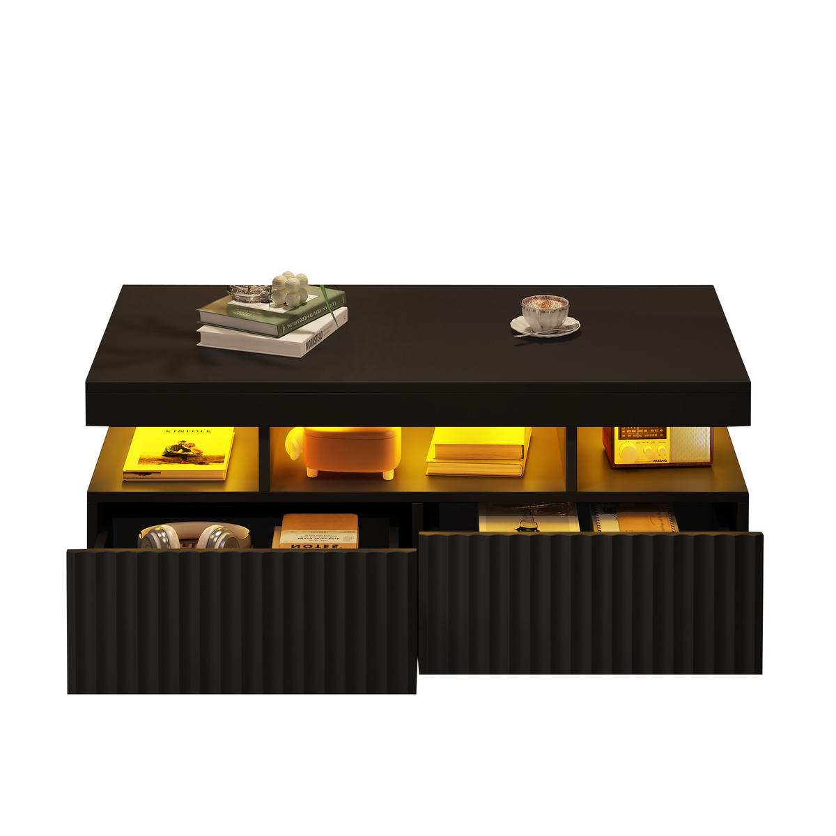 COUCHTISCH 100/50/45 cm Schwarz mit 2 Schubladen und LED-Beleuchtung - Schwarz, Holzwerkstoff (100/50/45cm) - OKWISH