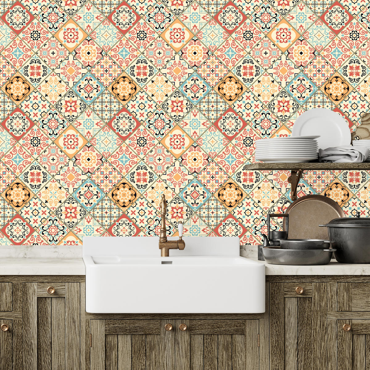 VLIESTAPETE Orientalische Fliesenmosaik-Optik – Bunt – 50x1000 cm - Multicolor, Papier (50/1000cm) - Muralo