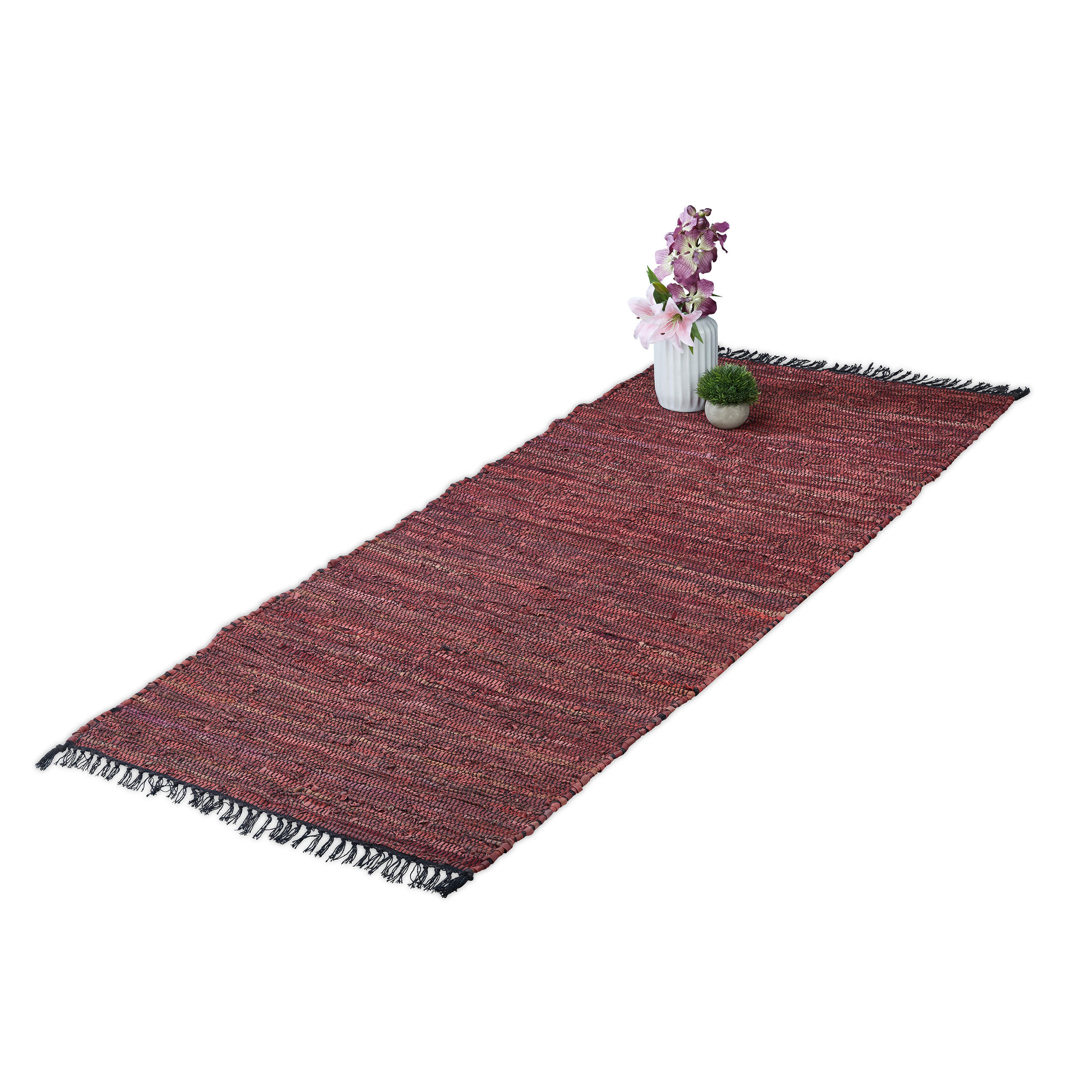 FLICKENTEPPICH - Rot, Leder/Textil (200/80cm) - Relaxdays