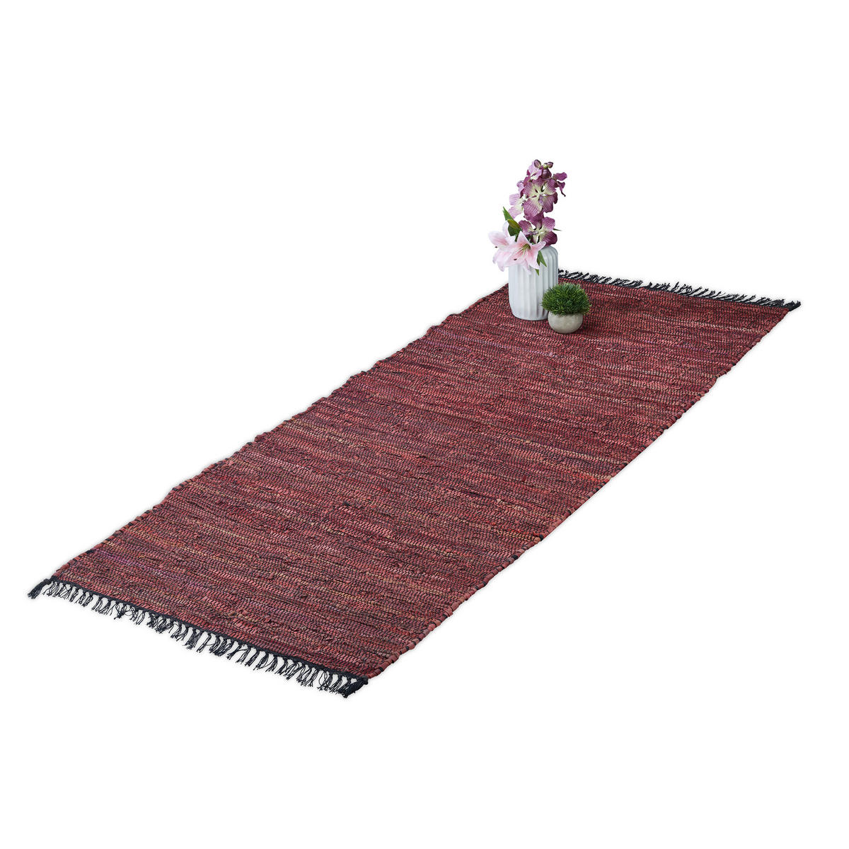 FLICKENTEPPICH - Rot, Leder/Textil (200/80cm) - Relaxdays