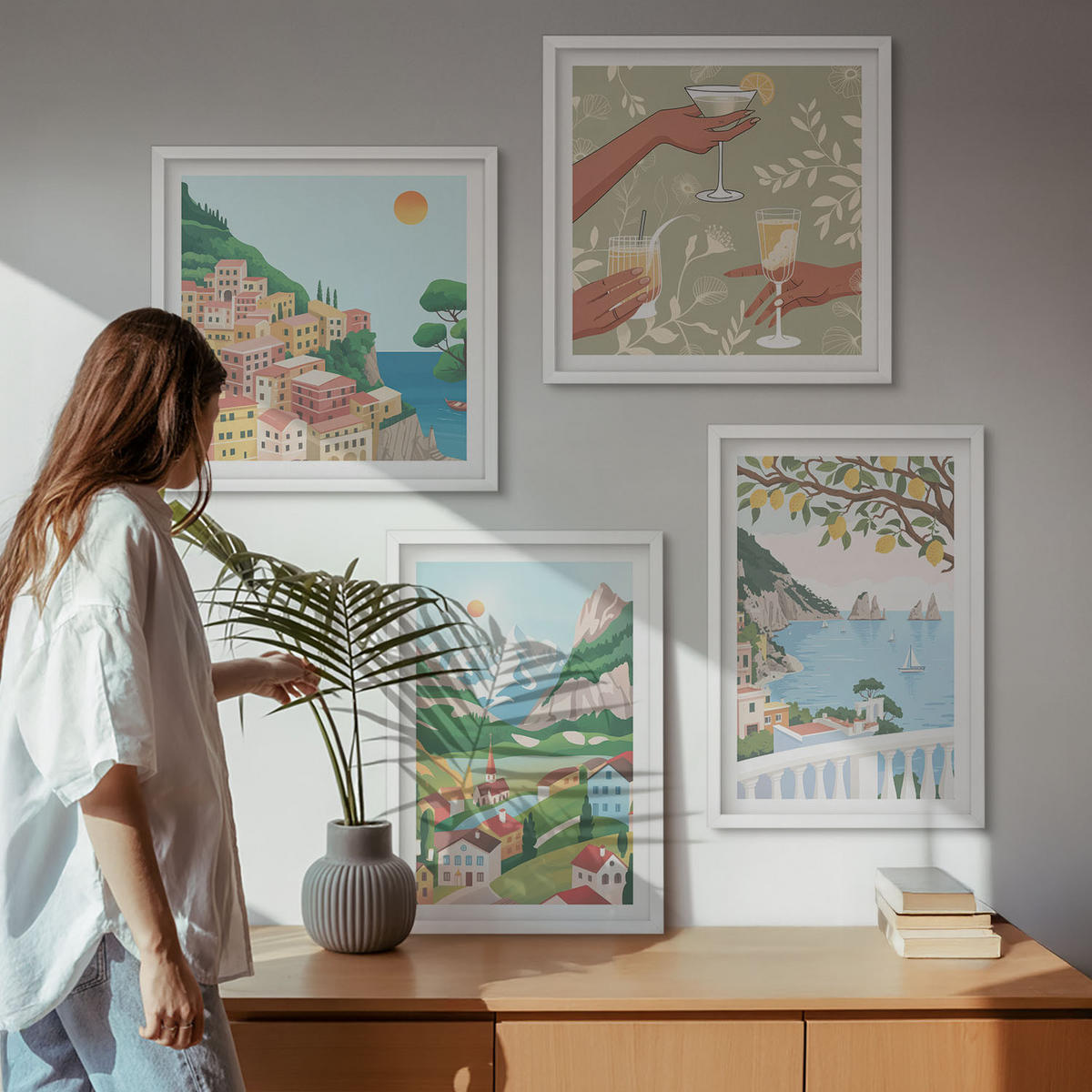 WANDBILDER 4er-Set - 50x50 cm & 40x60 cm Weißer Rahmen - Pastellfarbene Küstenhäuser - Weiß, Kunststoff (50/50cm) - ArtPrintCave