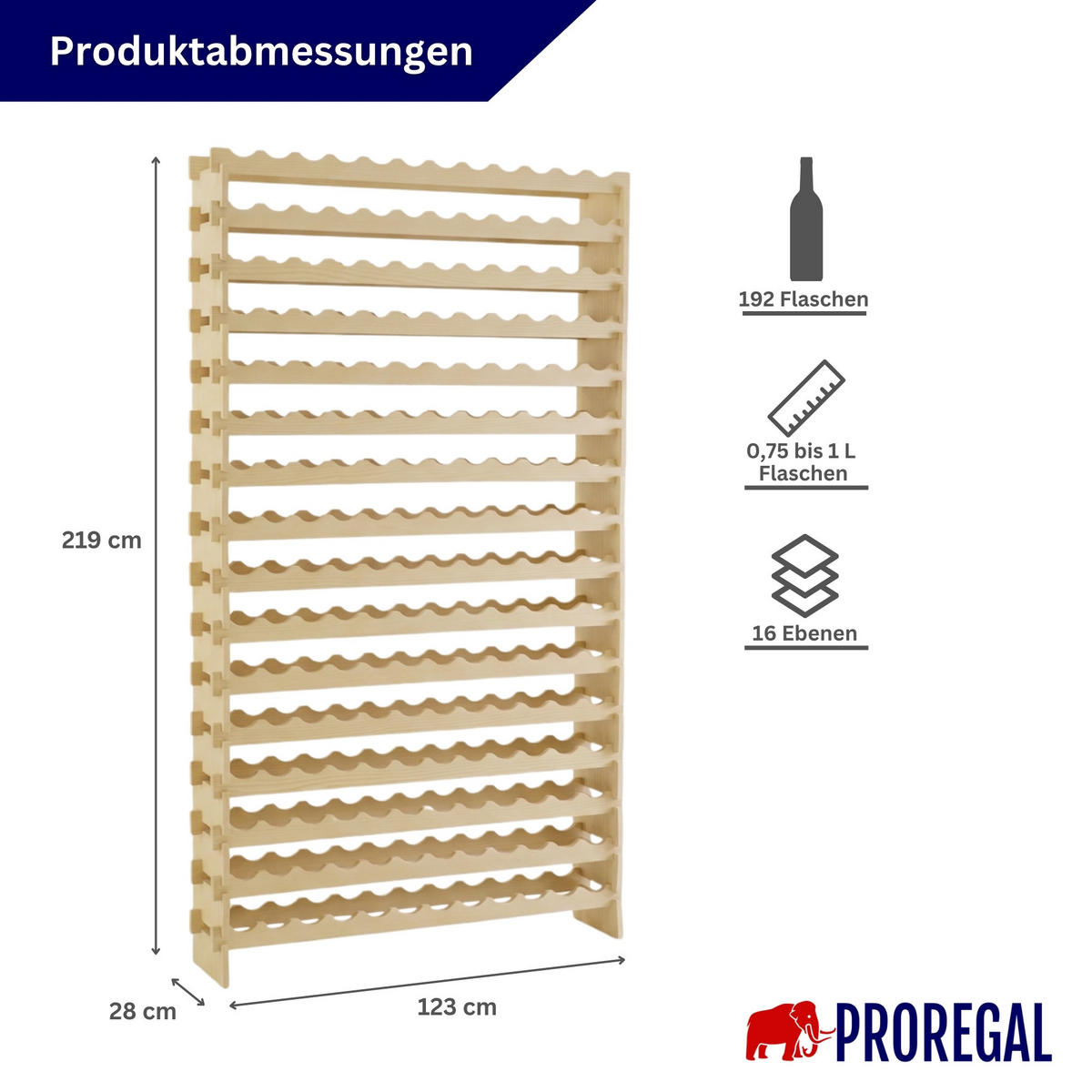 WEINREGAL NAVARRA aus Holz 219x123x28cm 192 Flaschen auf 16 Ebenen Natur unbehandelt - Naturfarben, Holz (123/219/28cm) - PROREGAL