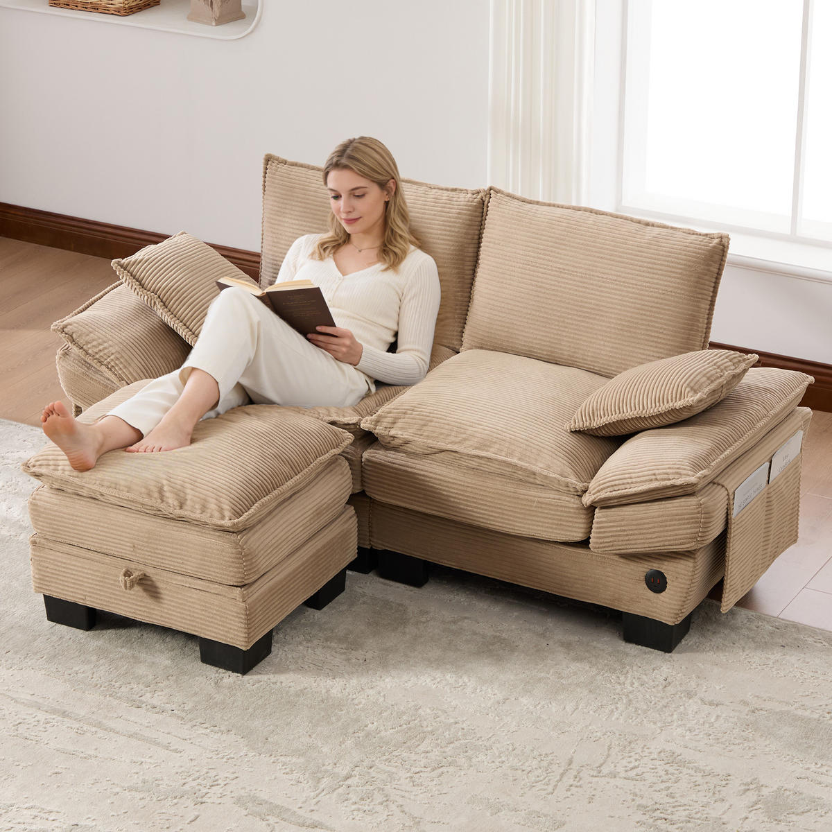 2-SITZER Sofa aus Corduroy 190x132x84 cm mit Hocker & USB-C, beige - Beige, Textil (132/84/190cm)