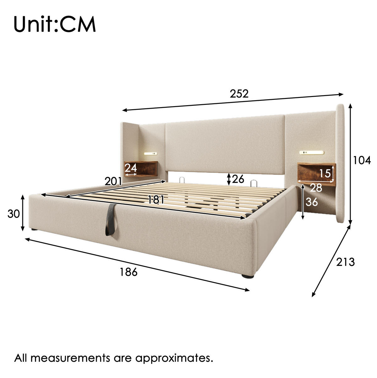 POLSTERBETT aus Leinen 180x200 cm Beige mit Bettkasten, Leselampe, USB- und Type-C-Anschlüssen - Beige, Textil (180/200cm) - IVMEU