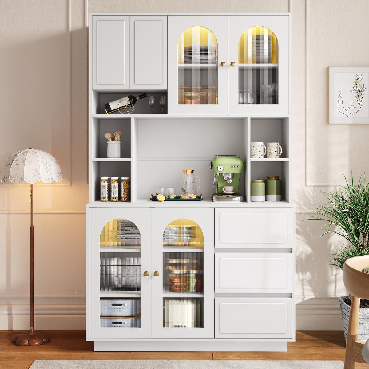 BUFFET Hochschrank mit Acrylfront, LED-Beleuchtung und offenen Fächern - Weiß, Holzwerkstoff (30/175/106cm) - Korfee