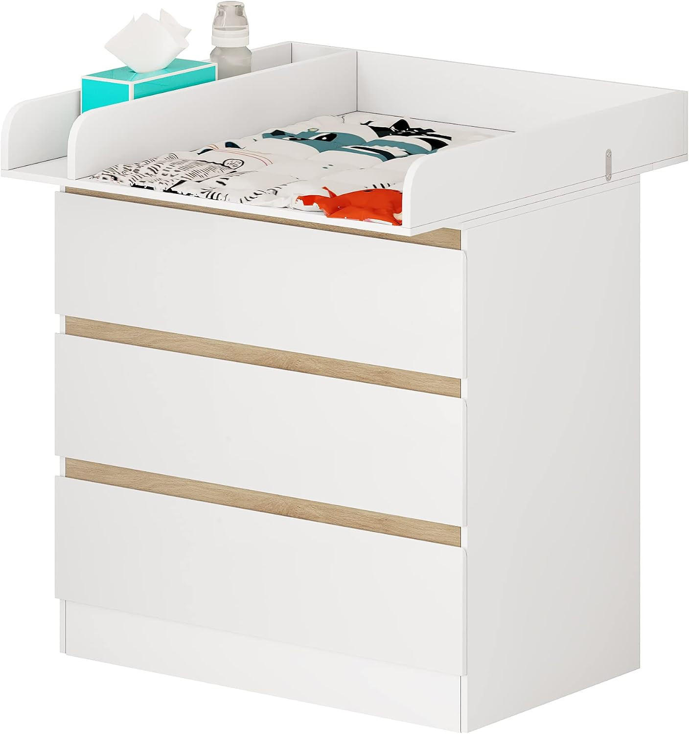 WICKELKOMMODE mit 3 Schubladen Weiß+Eiche 48 x 80 x 78 cm - Eichefarben, Holzwerkstoff (80/78/48cm) - Woltu