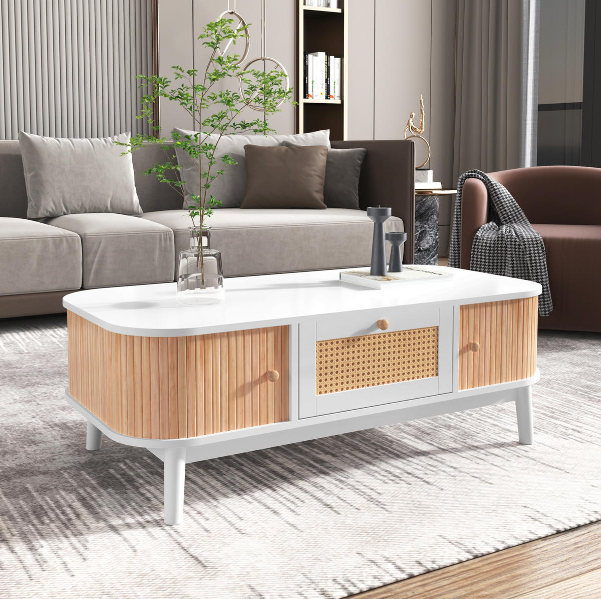 COUCHTISCH 110/55/38,5 cm in Weiß mit Rattan-Details und Stauraum - Weiß, Holzwerkstoff (110/55/38.5cm) - Flora Grace