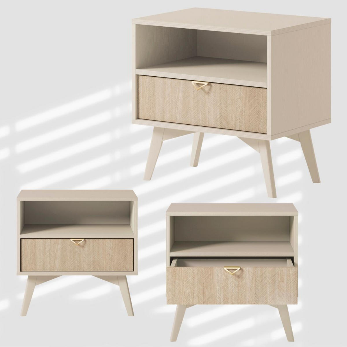 NACHTTISCH Firr S54, Sandbeige, Skandi-Fischgrätmuster, Schlafzimmer, 1 Schublade, 1 Ablage, Goldgriffe - Beige, Holzwerkstoff (54/54/38cm) - Bettso