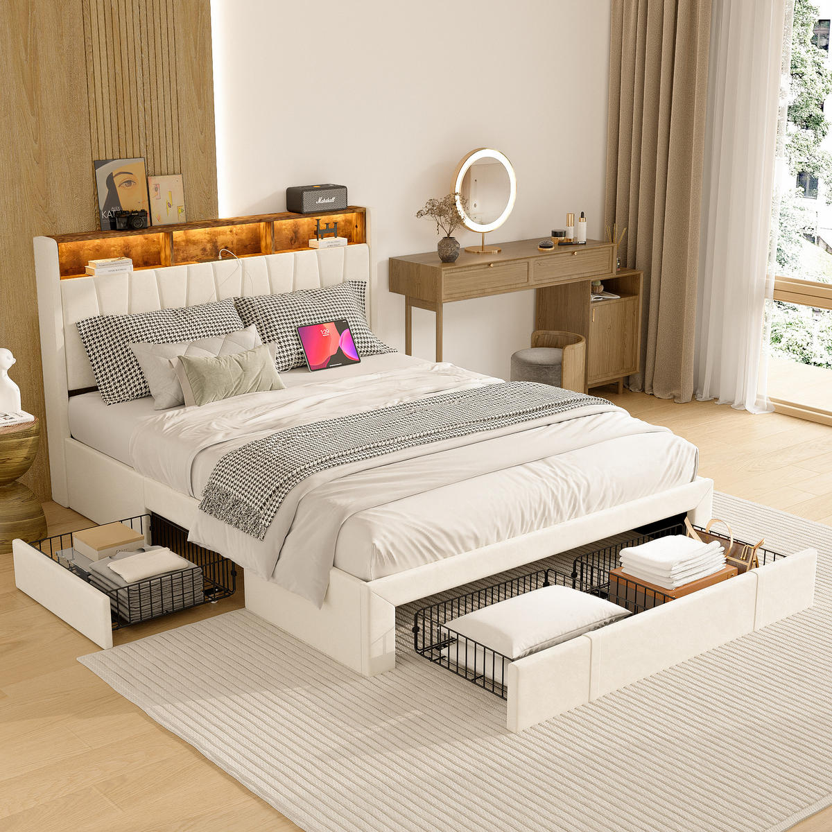 POLSTERBETT 160x200 cm LED USB 3 Schubladen Kopfteil Samt beige - Beige, Holz (160/200cm) - LEBENLANG