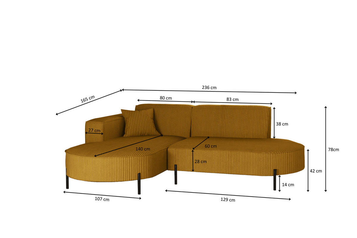 ECKSOFA L-Form Designer Modena Rein stoff Poso Senffarbe Links - Gelb, Holzwerkstoff (165/236cm) - Kaiser Möbel