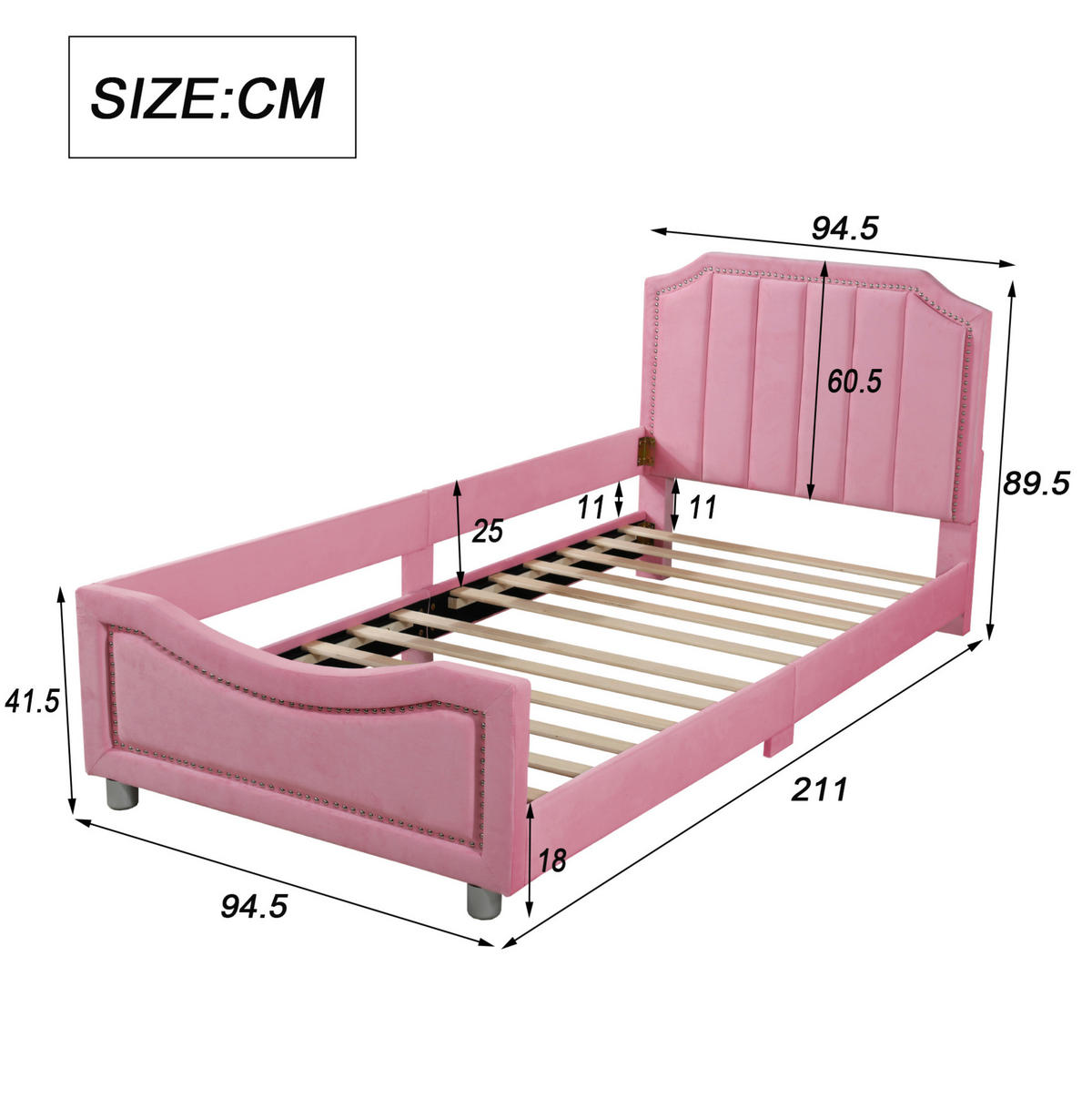KINDERBETT 90/200 cm aus Holz mit Flanellbezug und Rückenlehne Rosa - Pink, Holz (90/200cm) - Modenvie