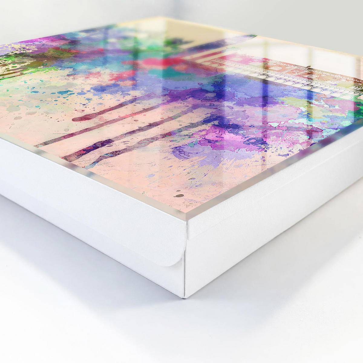 SCHLÜSSELBOX Weiß 30x30 cm – Türöffnung nach rechts - Urbane Aquarellmalerei - Lila, Metall (30/30/5cm) - TULUP
