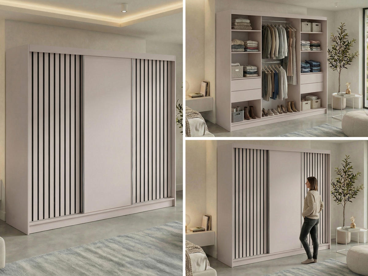 SCHWEBETÜRENSCHRANK mit Lamellen und Schubladen LUMOS - 240 - Kaschmir und Schwarz - Kaschmir/Schwarz, Holzwerkstoff/Metall (240/216/61cm) - MKS