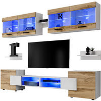WOHNZIMMERSET Foggia, 6er-Set, Weiß, Front Eiche Wotan, LED Blau - Eiche Wotan/Schwarz, Glas/Holzwerkstoff (230/190/45cm) - Komodee