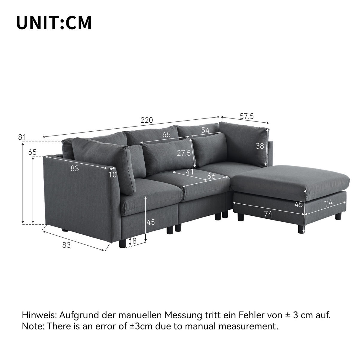 MODULSOFA Ecksofa L-Form mit Hocker Modern Grau 3-Sitzer - Grau, Holz (76/76cm) - FLIEKS