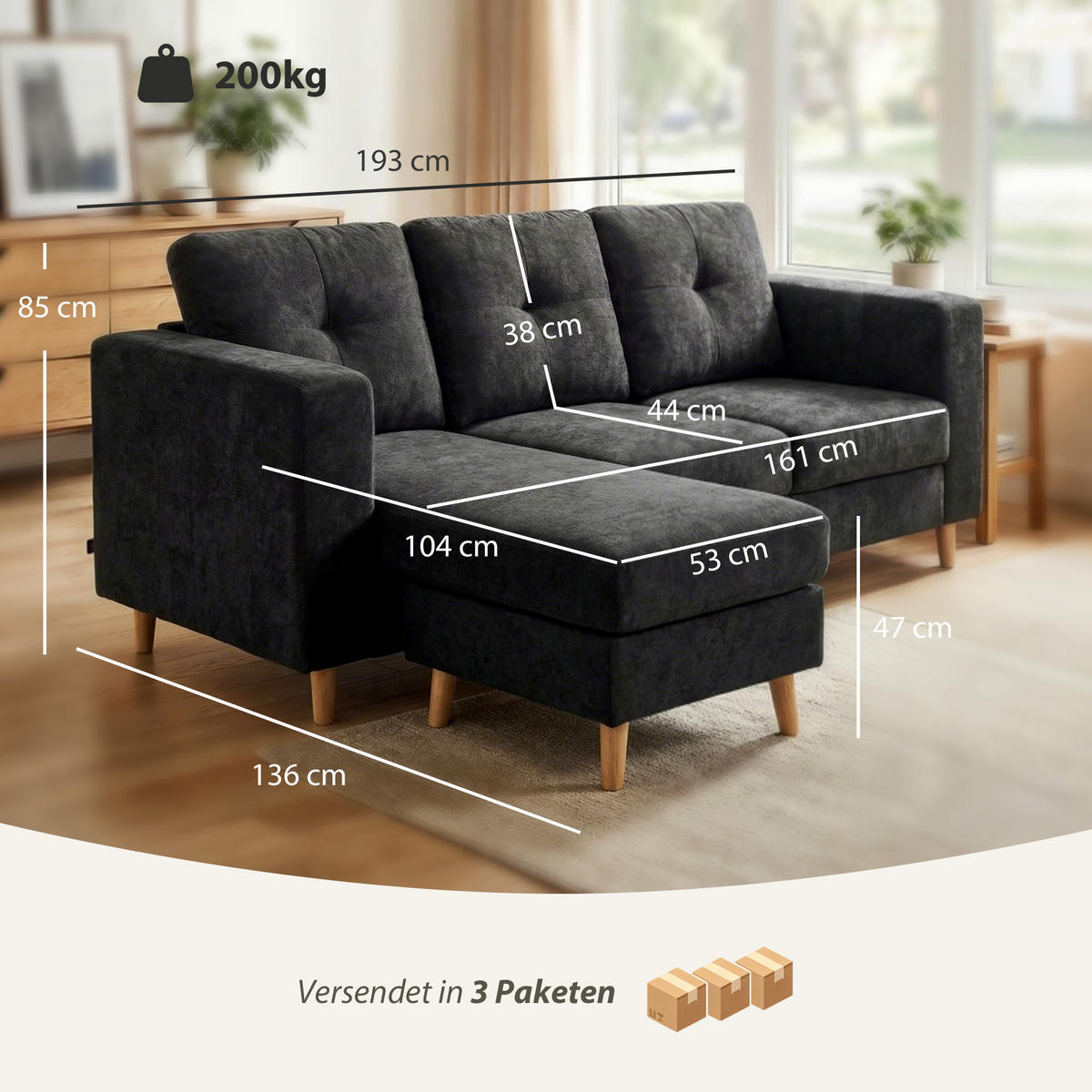 ECKSOFA Eckcouch in L-Form, Eckgarnitur in Leinenoptik Couchgarnitur Schwarz - Schwarz/Naturfarben, Holz/Textil (136/193cm) - HOMCOM