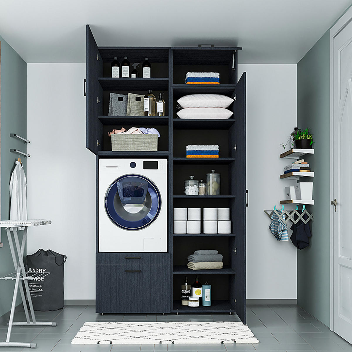 WASCHMASCHINENSCHRANK Serie 2 127cm Breit, 240cm Hoch - Schwarz, Holzwerkstoff (127/240/67cm)