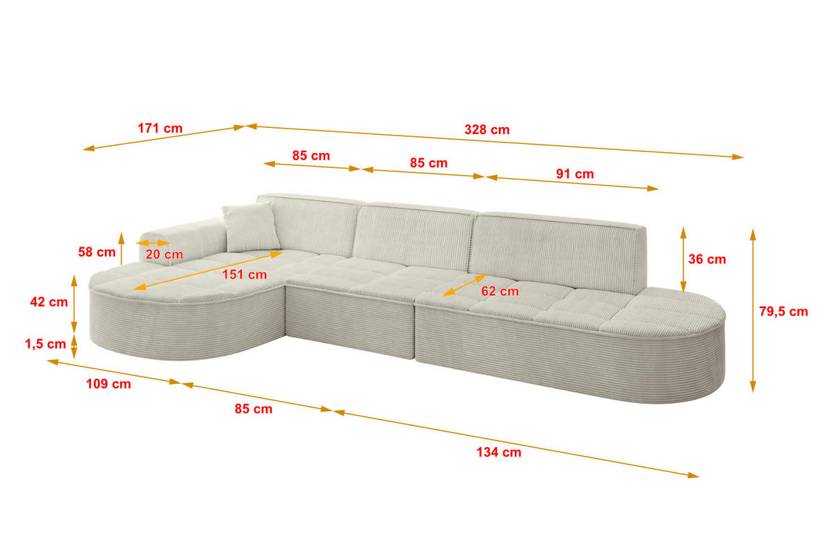 ECKSOFA Ottomane Links TARO-L2 - 328x171x79,5 cm Hellgrau - Hellgrau, Holzwerkstoff/Textil (328/171cm) - ALTDECOR