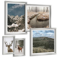 BILDER SET 5er Set - 50x50 cm & 20x30 cm & 40x60 cm Silberner Rahmen - Berge, Schnee, Hirsche, Waldlandschaft - Silberfarben, Kunststoff (40/60cm) - TULUP