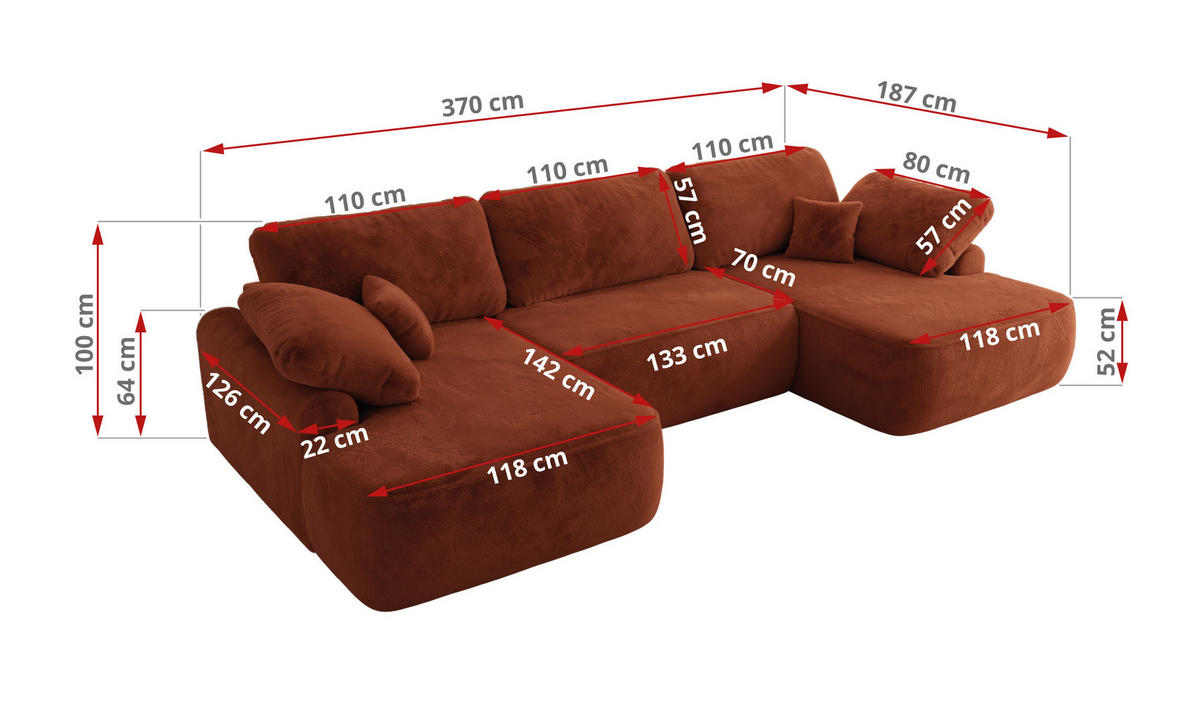 WOHNLANDSCHAFT CUBO U Orange Plüsch - Schwarz/Orange, Kunststoff/Textil (370/100/187cm) - MKS
