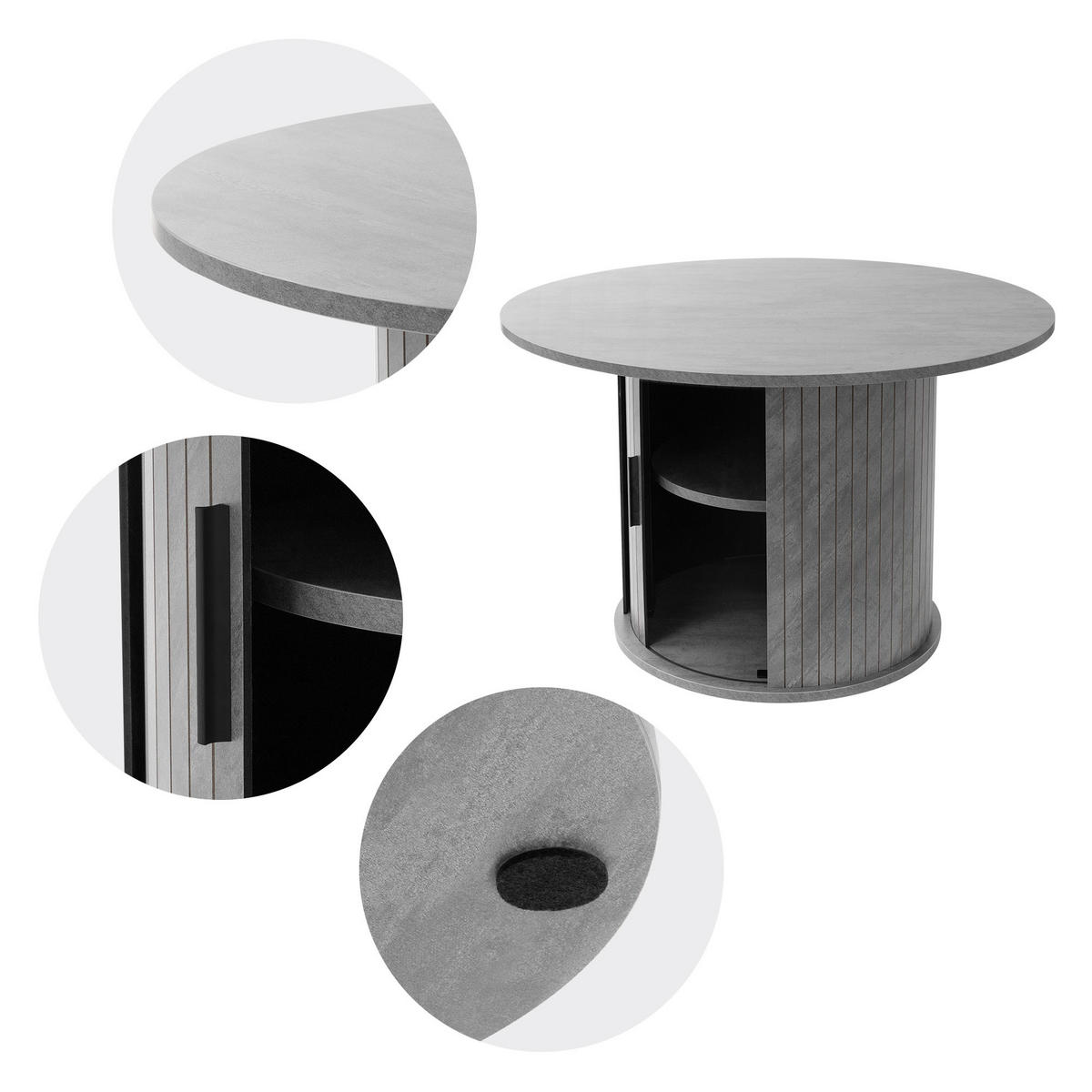 COUCHTISCH mit Schiebetür und Stauraum rund Ø80x50 cm Beton-Optik Grau - Grau, Holz (80/80/50cm) - ML-DESIGN