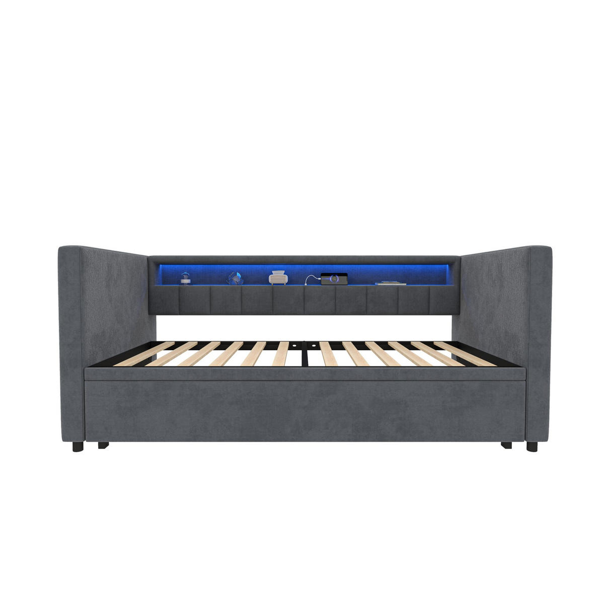 SCHLAFSOFA 90x190cm Ausziehsofa,USB-/Type-C-Anschluss,Samt,Grau - Grau, Textil (201/73/100cm) - LVHOM