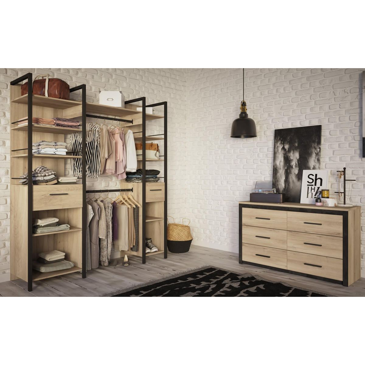 KOMMODE mit 6 Schubladen, Eiche und Schwarz Dekor L129 cm - Colorado - Sonoma Eiche, Holzwerkstoff (41.8/77.1/129.1cm) - Calicosy