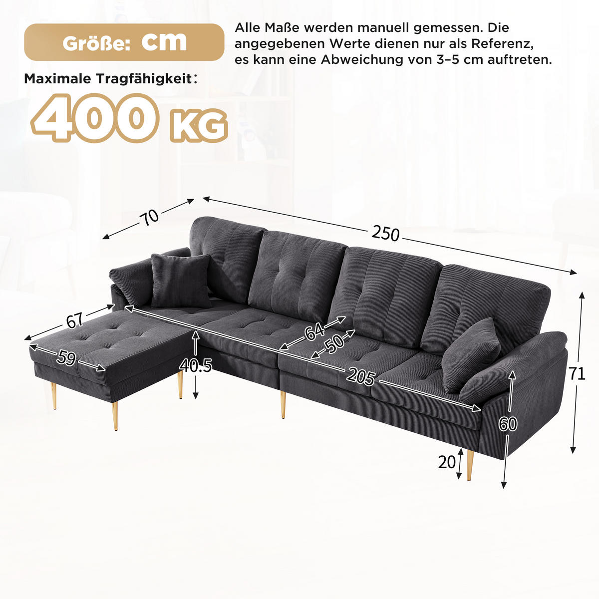 ECKSOFA 4-Sitzer mit flexiblem Hocker, DE-42943, Dunkelgrau - Dunkelgrau, Metall (250/70cm) - ComfortXL