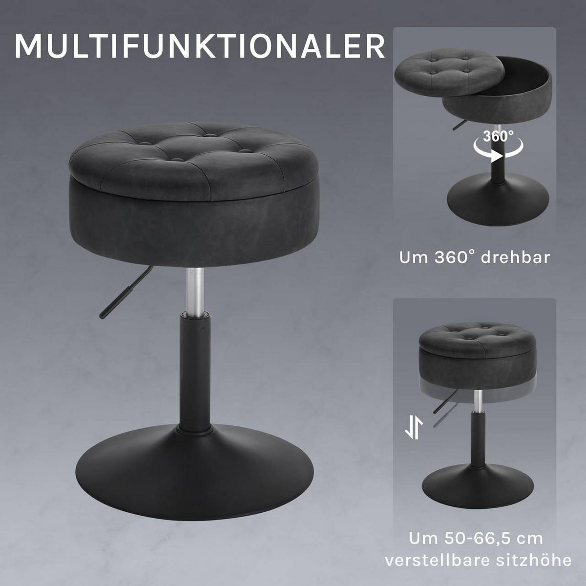 SITZHOCKER 2er Set, mit Stauraum, Kunstleder, Anthrazit - Anthrazit/Schwarz, Textil/Metall (38.5/50/38.5cm) - Woltu