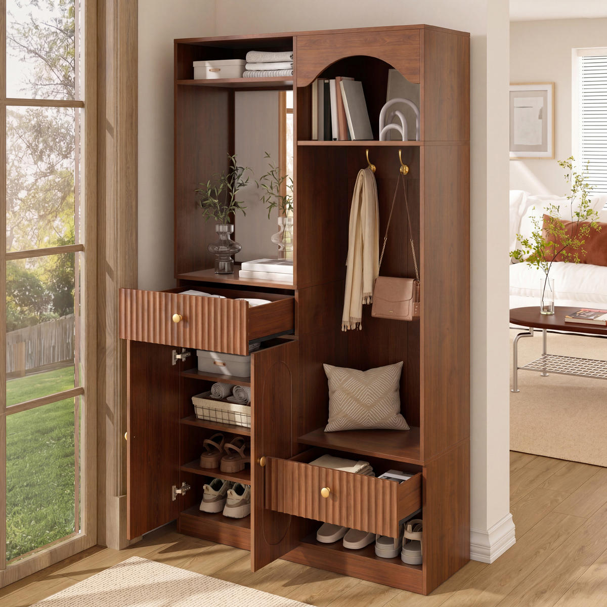KOMPAKTGARDEROBE Spiegel Sitzbank Schuhschrank Haken LED - Walnussfarben, Holzwerkstoff (100/180/35cm) - FLIEKS