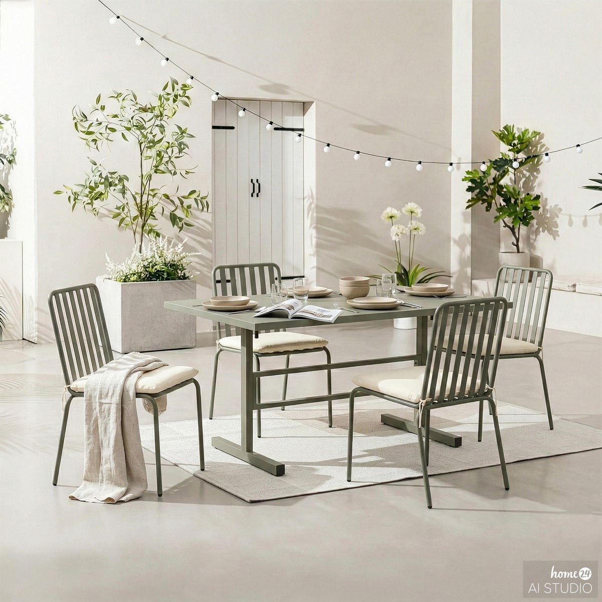 GARTENESSGRUPPE - 5-teilig - Stahl - Anthrazit - Salbeigrün, Textil/Metall - home24