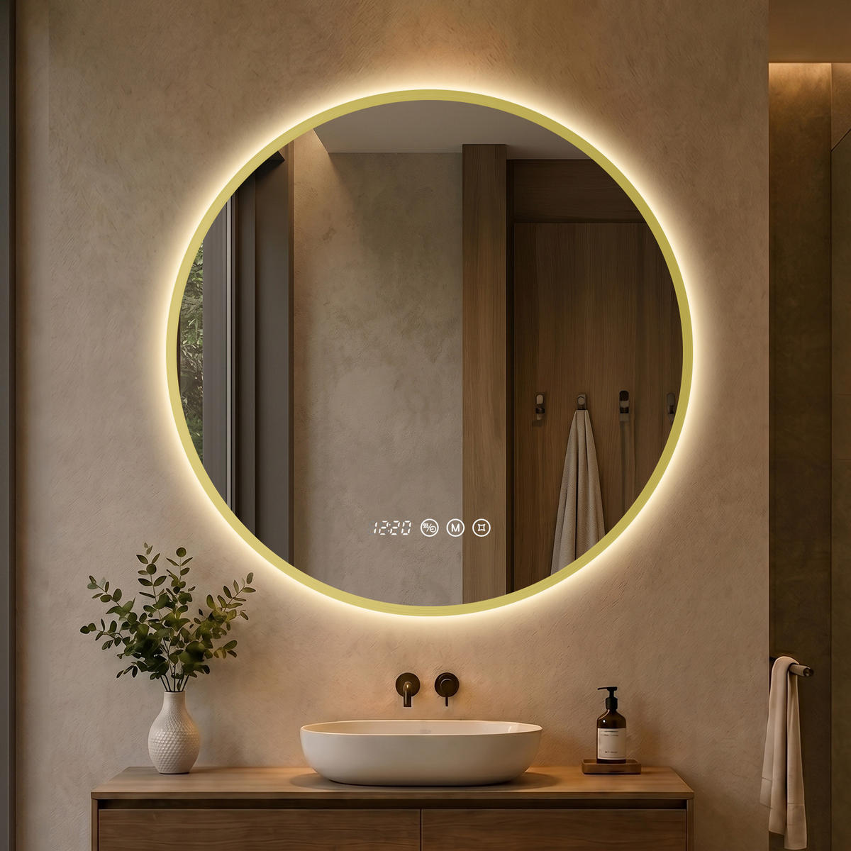 BADSPIEGEL mit Beleuchtung 80 cm rund gold mit Aluminiumrahmen, LED dimmbar und Antibeschlag - Goldfarben, Glas (80/80/3.3cm) - S'AFIELINA